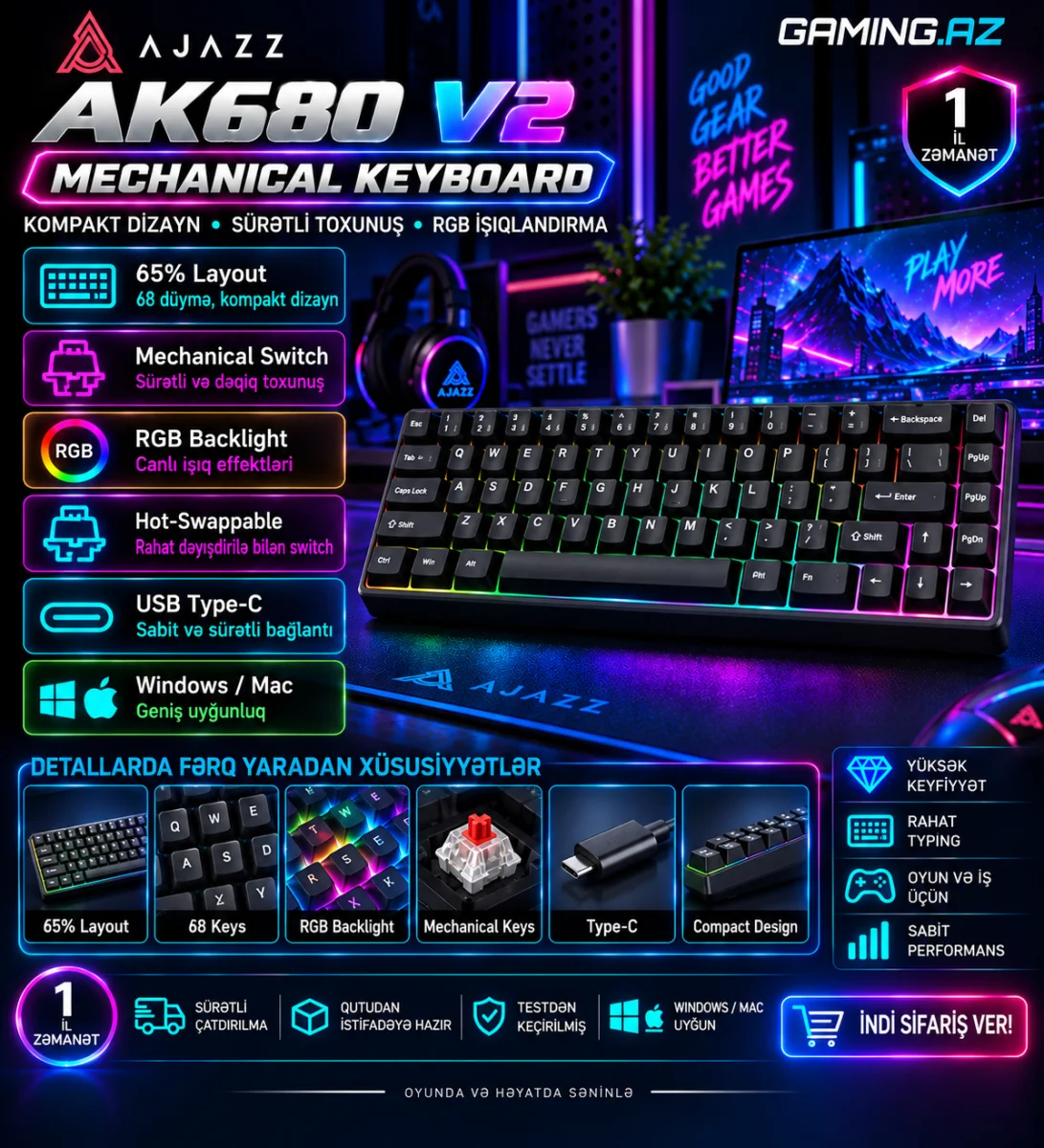 AJAZZ AK680 V2 - 65% Mechanical Gaming Keyboard
