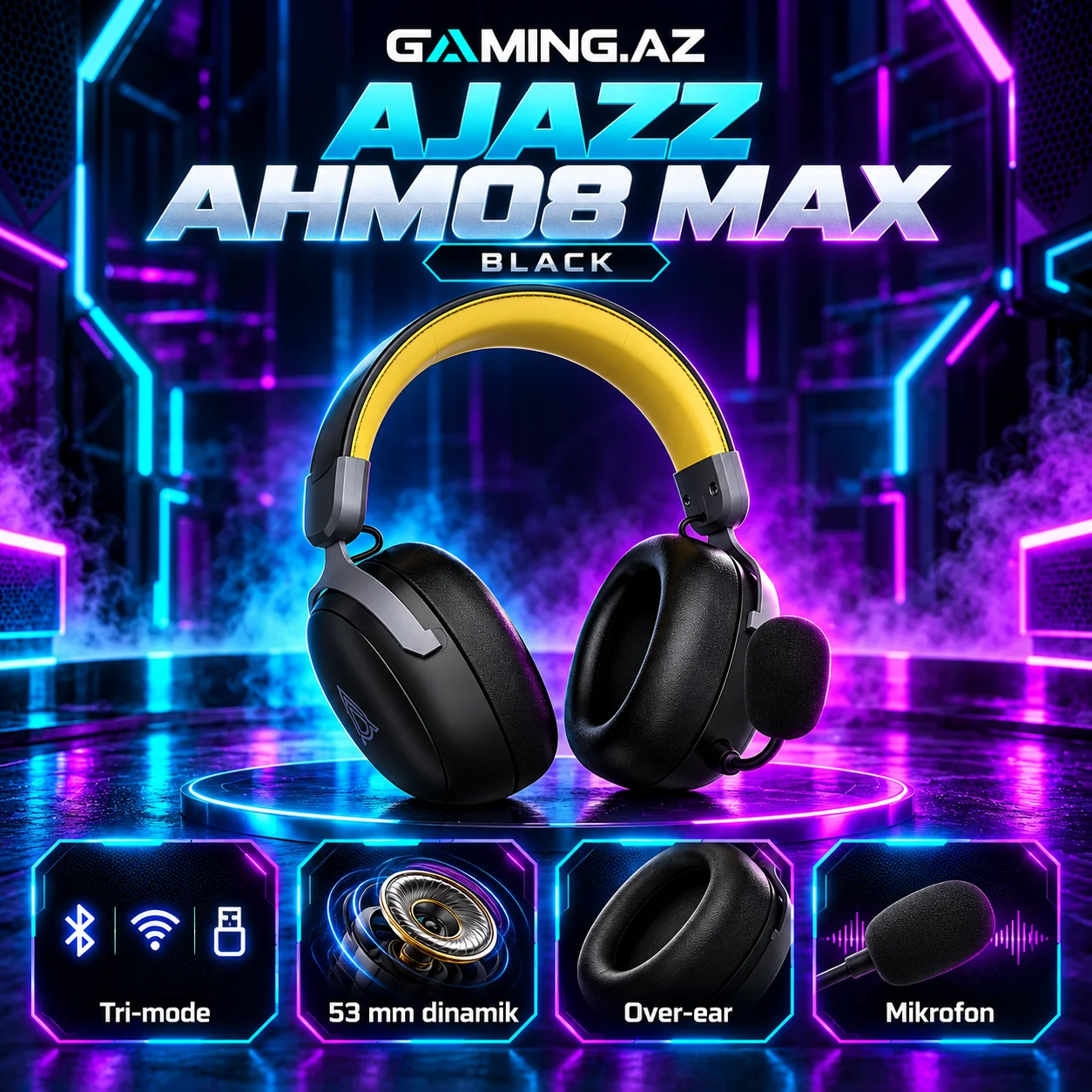 Ajazz AHM08 MAX Black Gaming Qulaqliq