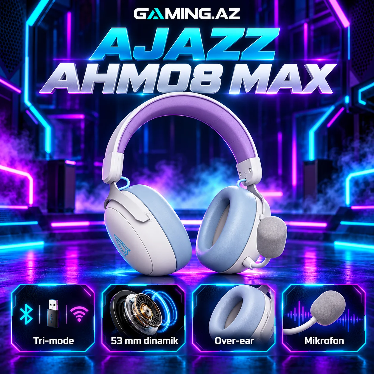 Ajazz AHM08 MAX White Gaming Qulaqliq