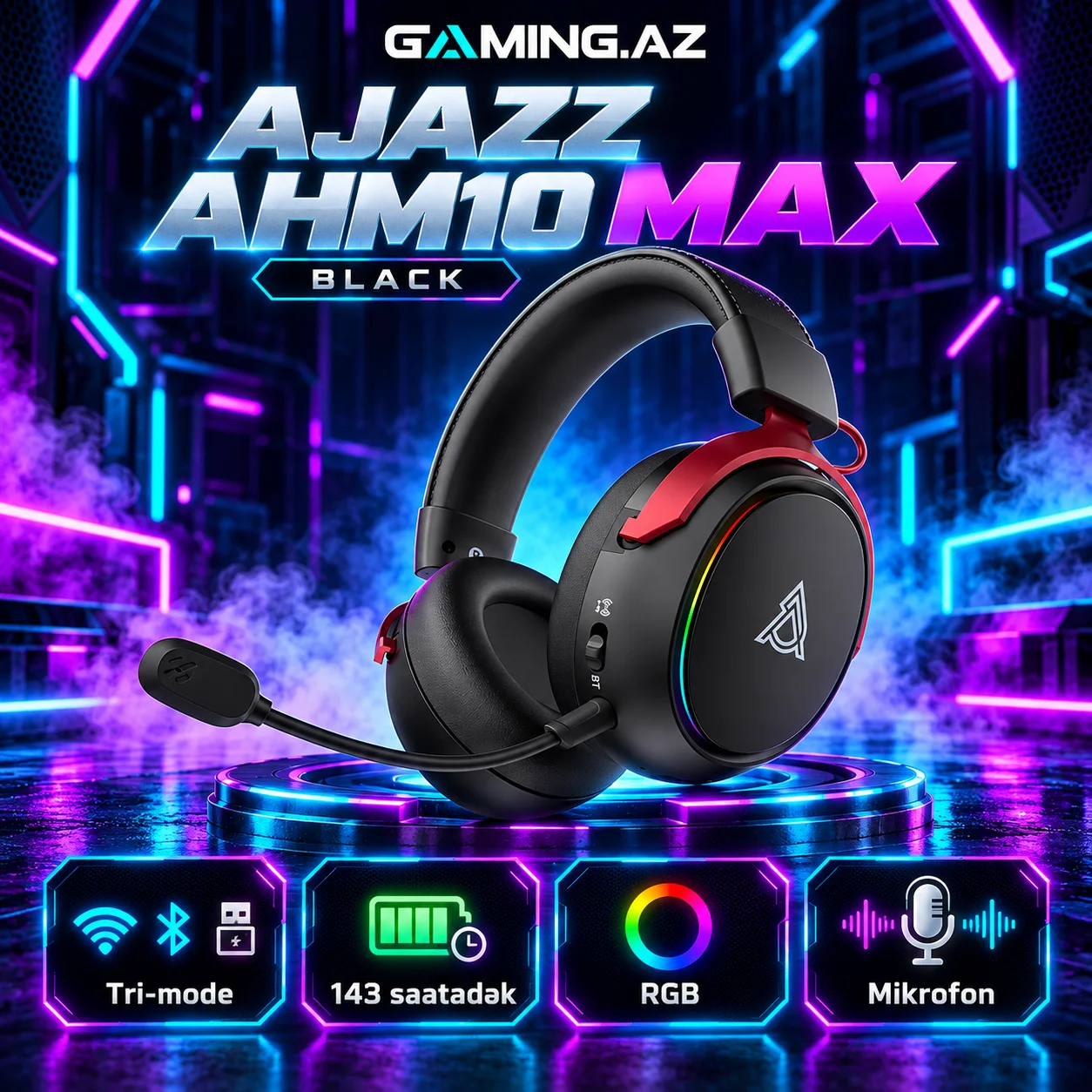 Ajazz AHM10 MAX Black Gaming Qulaqliq