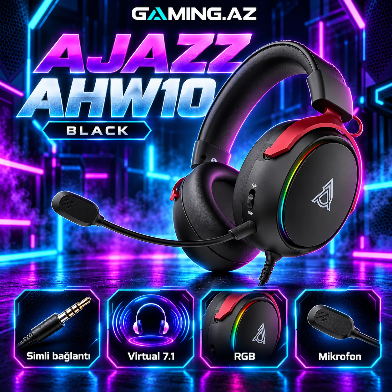 Ajazz AHW10 Black Gaming Qulaqliq