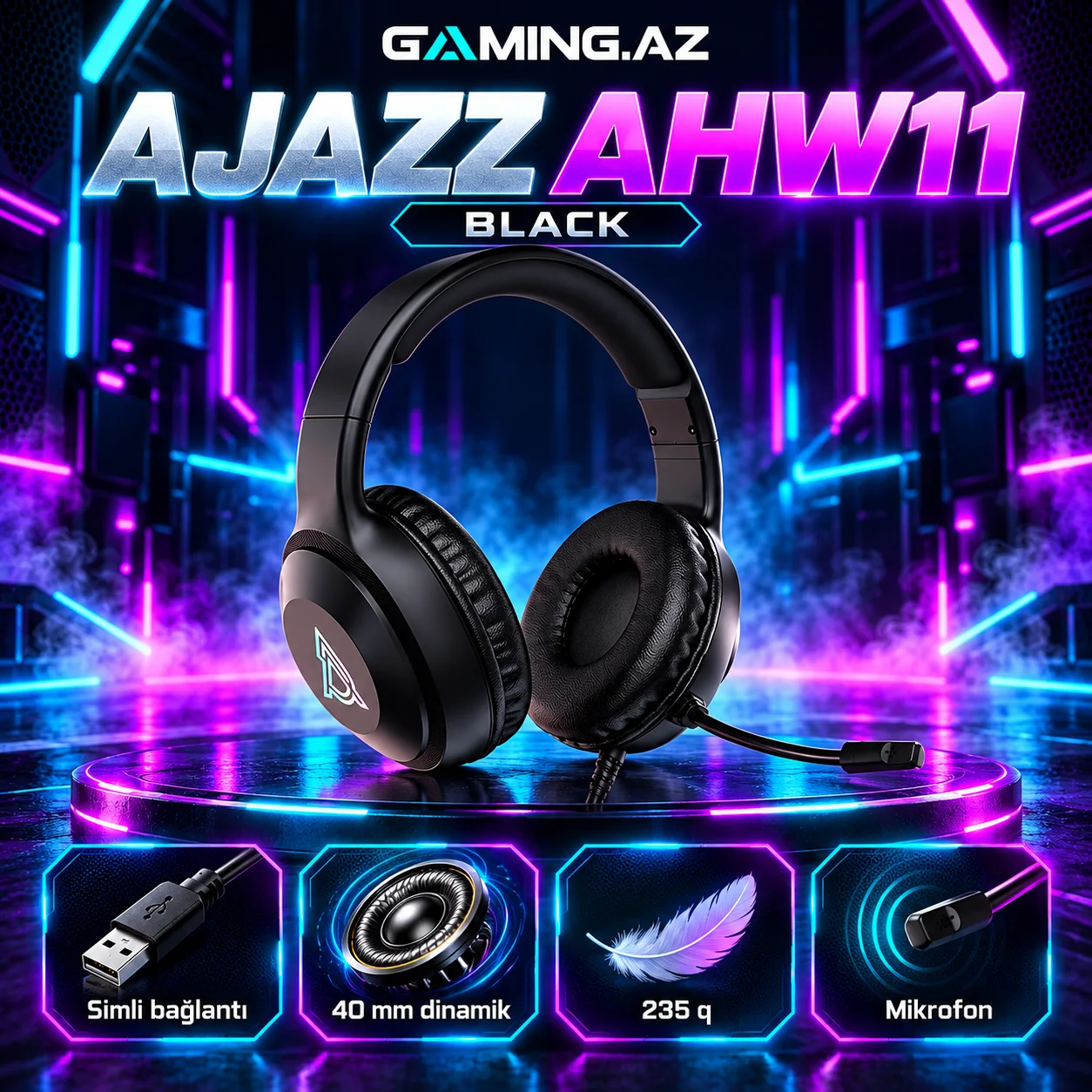 Ajazz AHW11 Black Gaming Qulaqliq