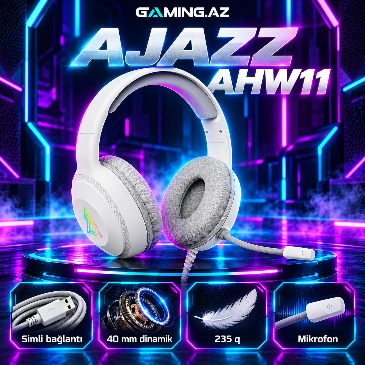 Ajazz AHW11 White Gaming Qulaqliq