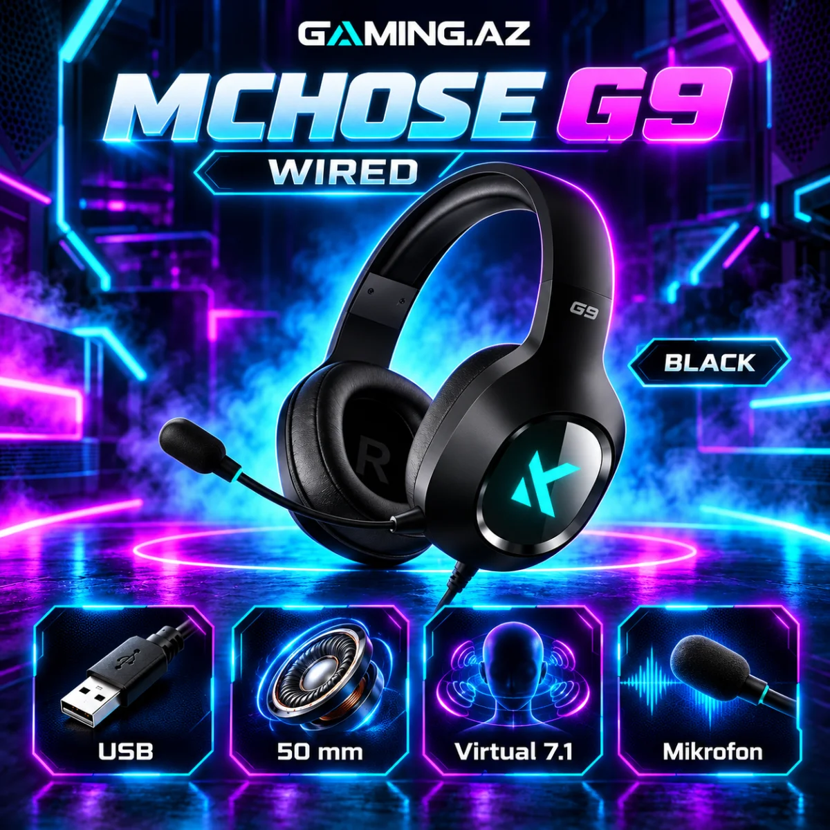 MCHOSE G9 Wired Black Gaming Qulaqliq