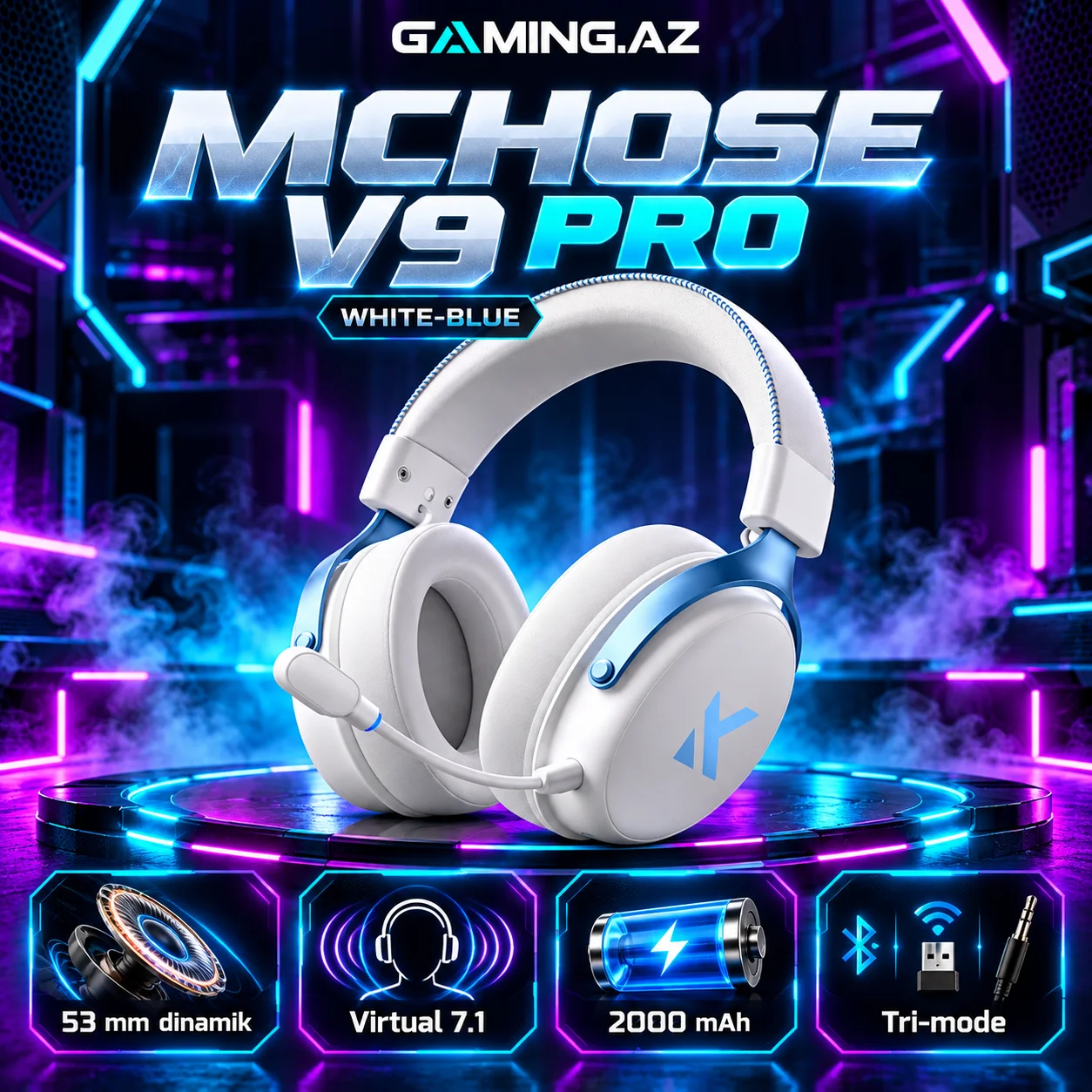 MCHOSE V9 Pro White Blue Gaming Qulaqliq