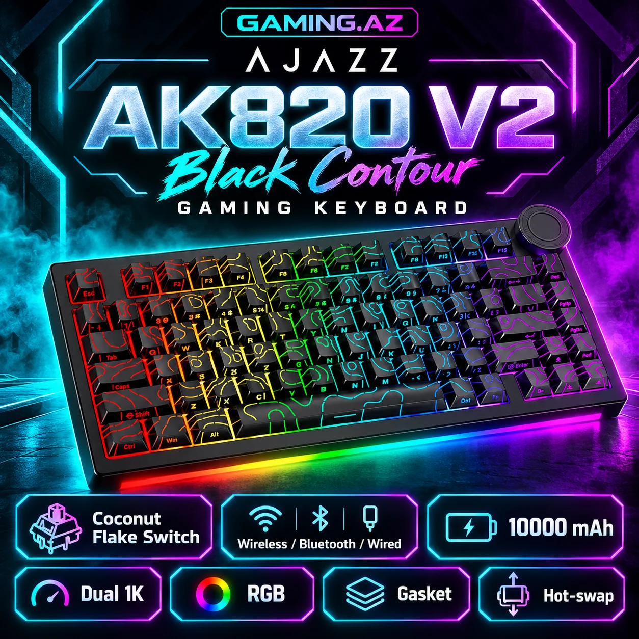 Ajazz AK820 V2 Black Contour Gaming Keyboard