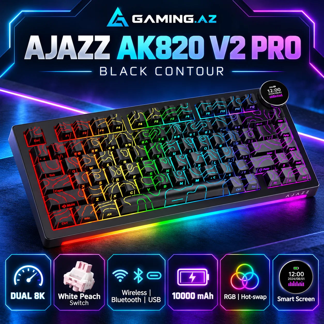 Ajazz AK820 V2 Pro with Display Black Contour Gaming Keyboard