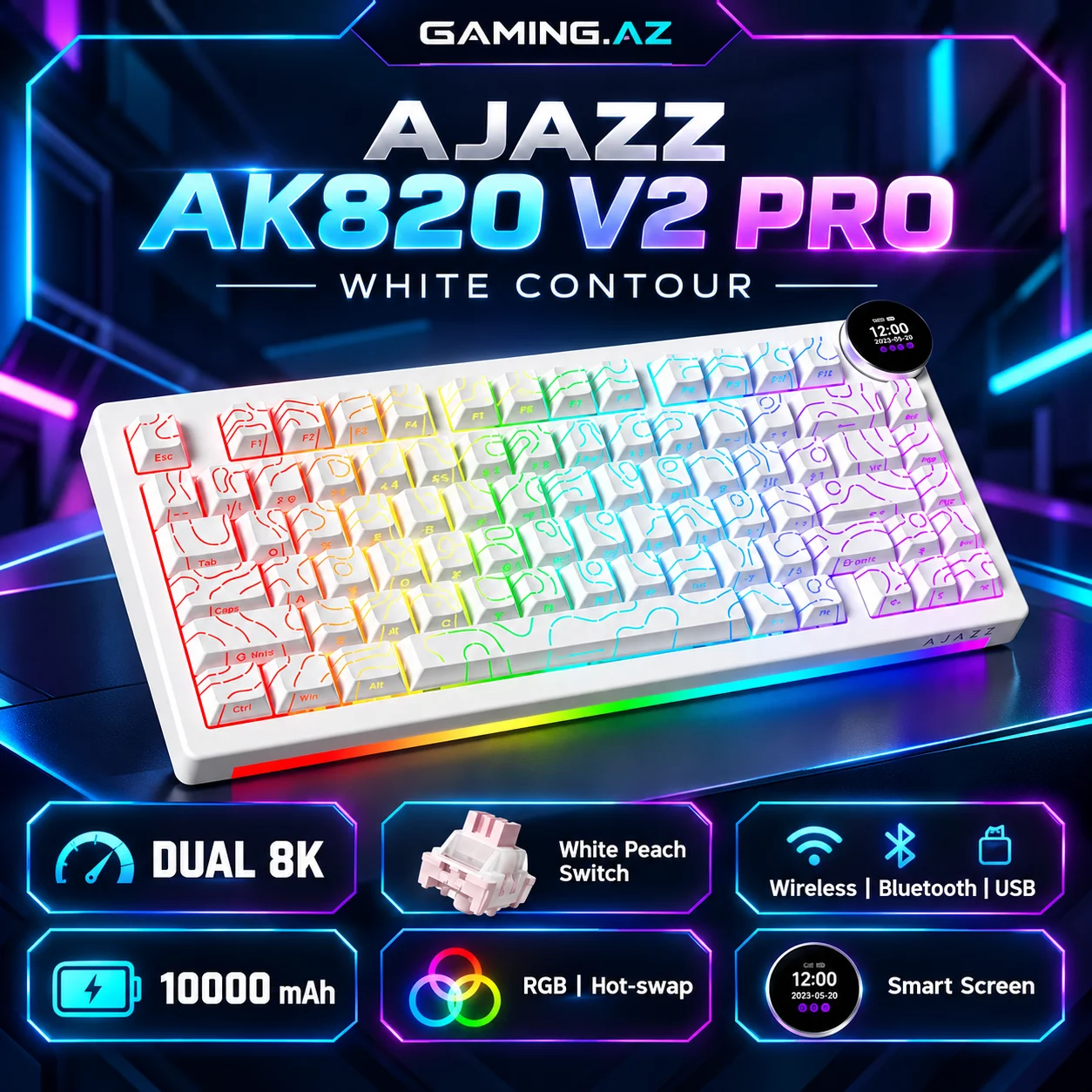 Ajazz AK820 V2 Pro with Display White Contour Gaming Keyboard