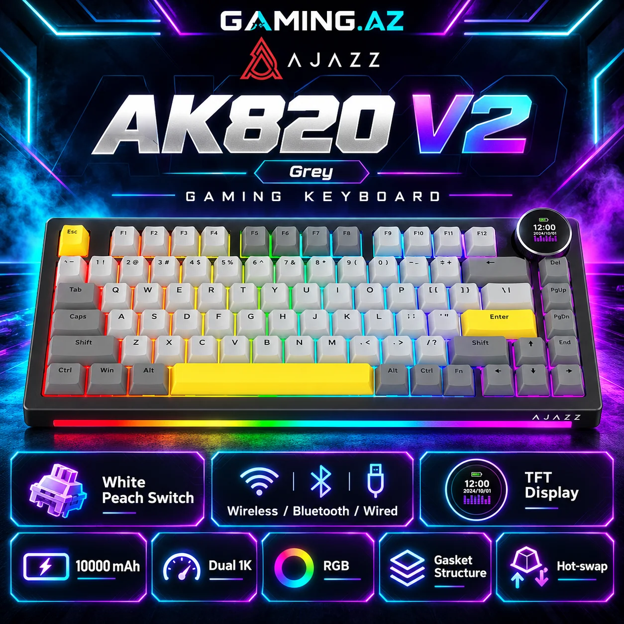 Ajazz AK820 V2 with Display Grey Gaming Keyboard