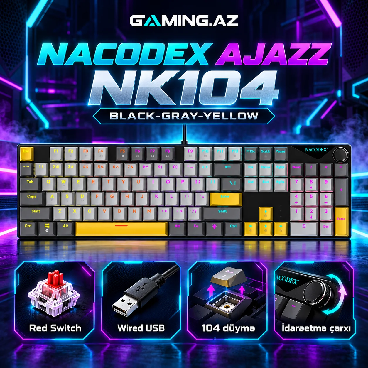 Nacodex Ajazz NK104 Black-Gray-Yellow Gaming Keyboard