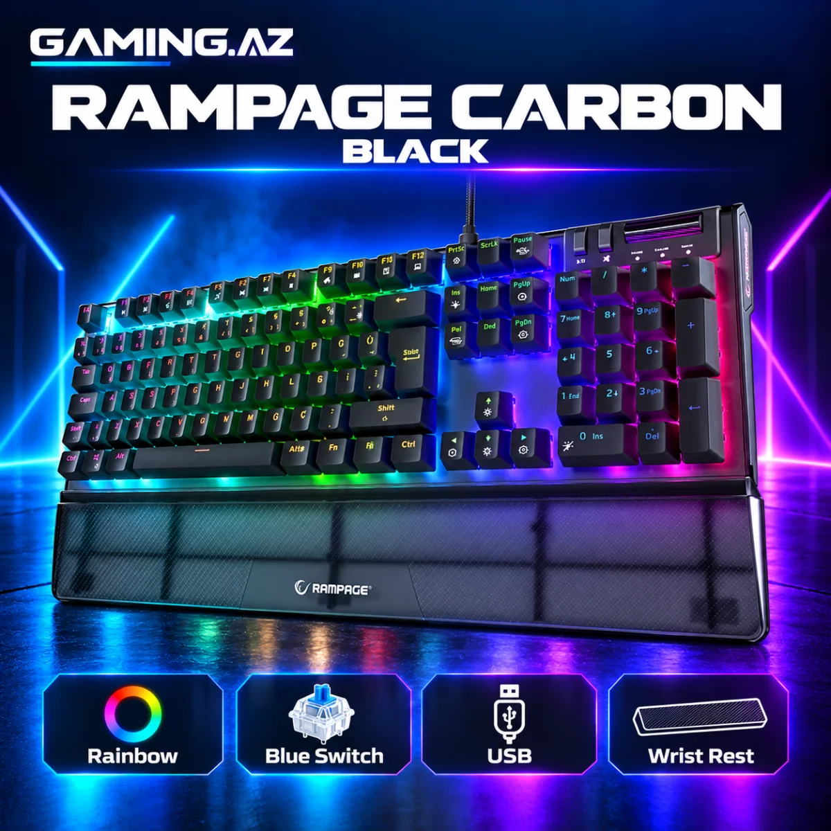 Rampage Carbon Black Mechanical Gaming Keyboard