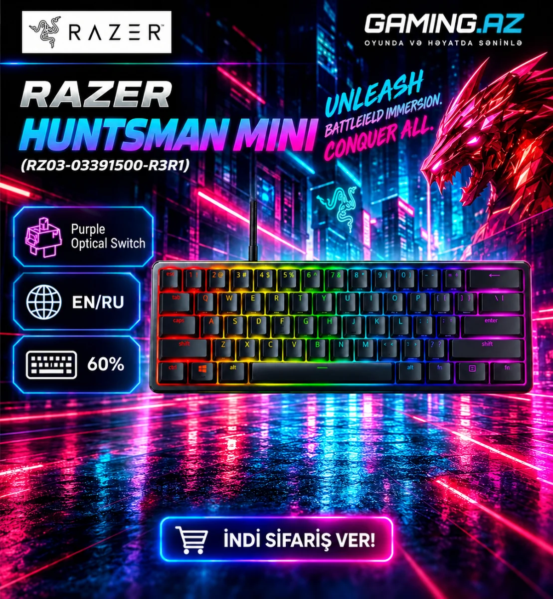 Razer Huntsman Mini Purple EN/RU Qara (RZ03-03391500-R3R1)